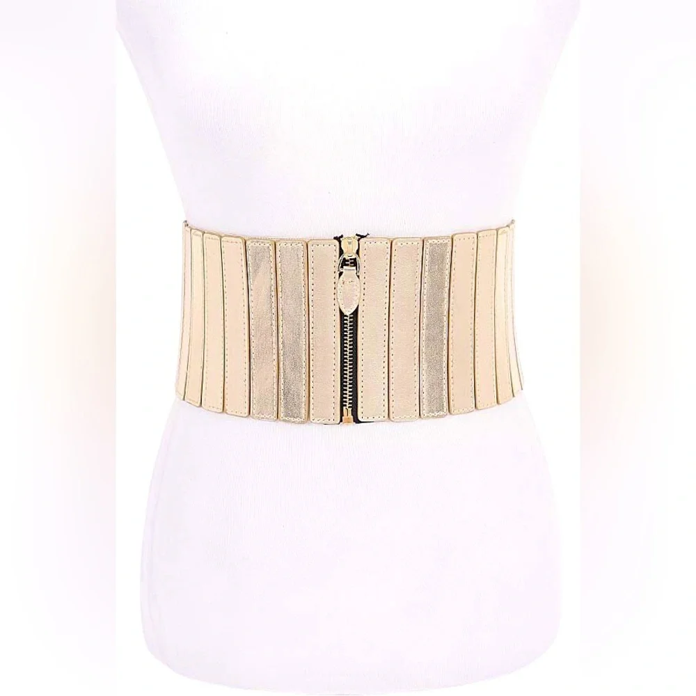 Metallic Vegan Leather Zip Up Corset Statement Belt (Gold, Silver, Black)